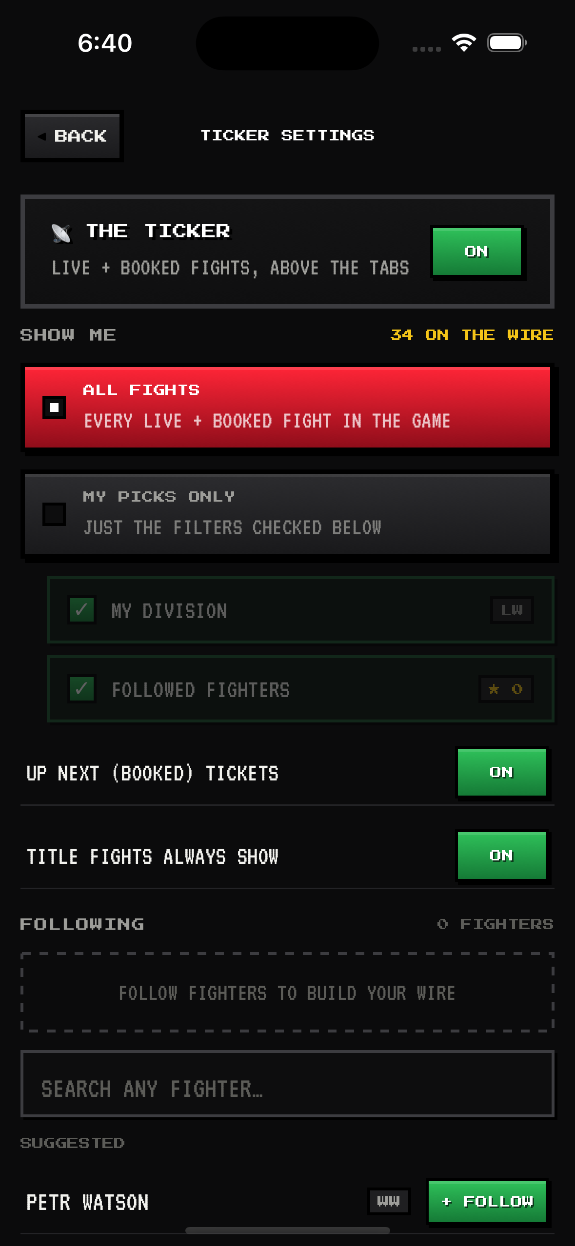 The Ticker: every live fight on a wire above the tabs — screenshot 2