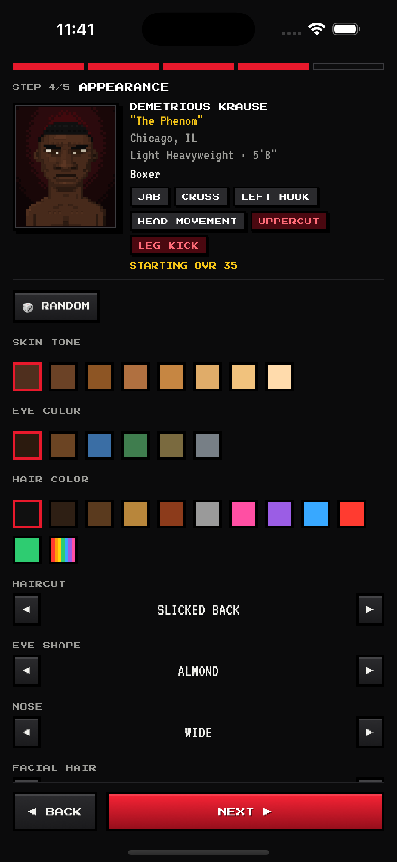 Eye and nose shapes in the fighter creator — screenshot 2